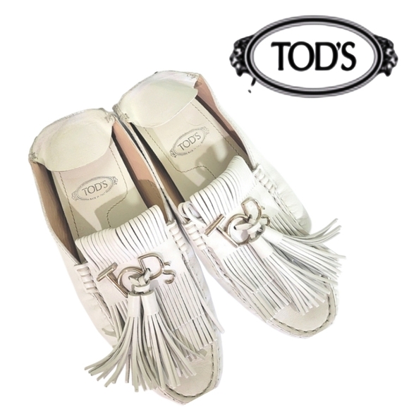 Tod's Italy Made 37 7 White Leather Tassel Driving Moccasins Flats Shoes - Picture 2 of 15